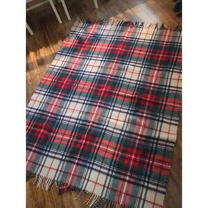 Vtg Troy Robe Wool Blanket Plaid Tartan Throw 56x72 Red Mills NH Fringe